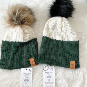Kids, Green Cream Knitted Toque, Beanie, Pompom hat, mommy and me, baby h…